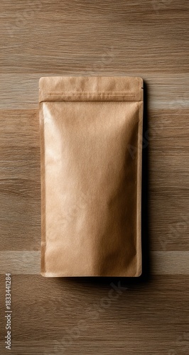 Kraft pouch on wooden surface, centered, minimalist