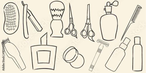 Set of hand drawn saloon shop outline designs as design elements doodle vector illustration
