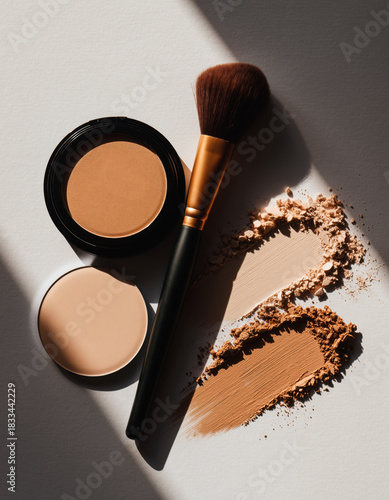 cosmetic background with texture samples of compact and loose powder in different tones. A chic makeup brush. top view. white background	