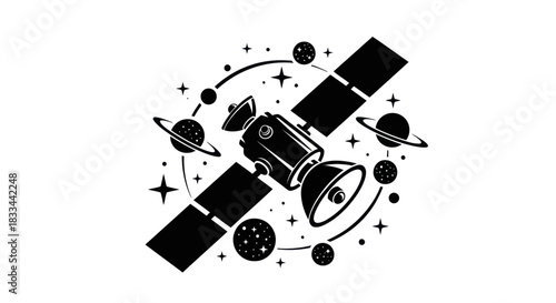 Satellite orbiting with planets and stars space exploration and technology.