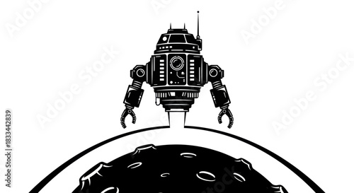 Futuristic Robot on Moon Surface Black and White Illustration.