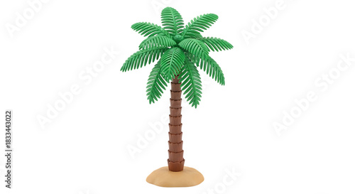 Miniature Plastic Palm Tree with Green Fronds and Brown Trunk on Black Background