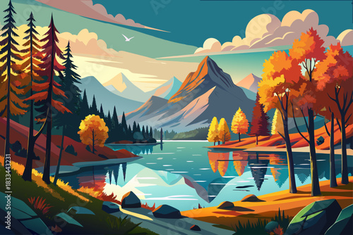 vector of Beautiful view of autumn sunrise with trees near the turquoise water of Hintersee lake.