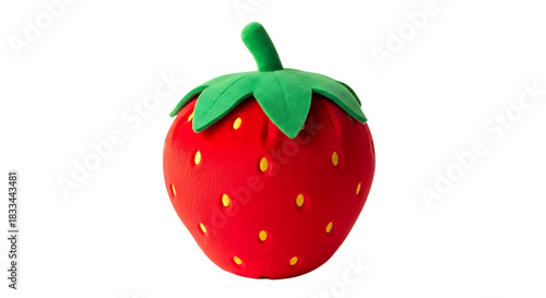 Plush strawberry toy with green stem and leaves