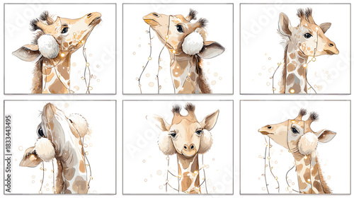 Cute watercolor giraffe portraits wearing fluffy headphones in playful poses. Charming animal illustrations perfect for kids room decor prints cards and creative design projects.