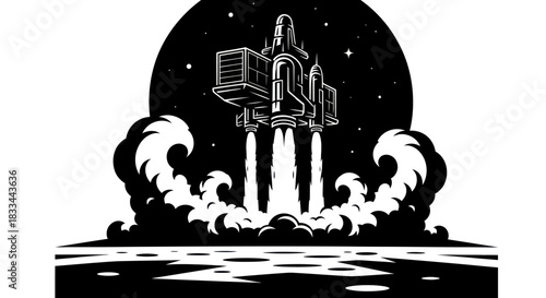Monochrome graphic illustration of a powerful rocket launching into space.