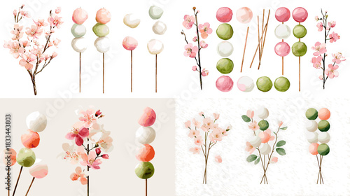 Watercolor dango sweets paired with cherry blossom branches in soft pastel colors. Cute Japanese themed illustration set perfect for food art packaging and festive designs.