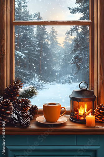 Retro poster-style illustration of a cozy fireplace with a cup of mulled coffee on the mantel, pine cones, candles, snow-laden forest, art deco meets mid-century design, vintage advertising aesthetic