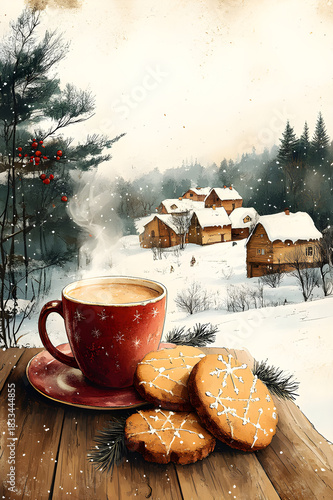 Retro poster-style illustration of a rustic wooden café table with a steaming mug of cocoa and gingerbread cookies, surrounded by pine decorations. art deco meets mid-century design, vintage advertisi
