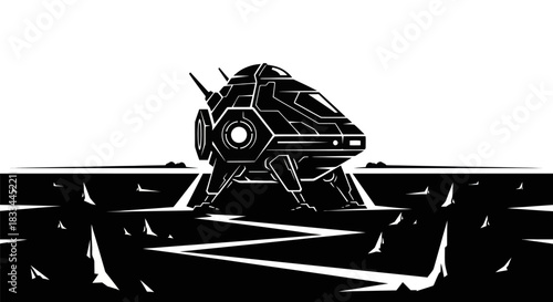 Monochromatic Spaceship Illustration: A Futuristic Vehicle on an Alien Landscape.