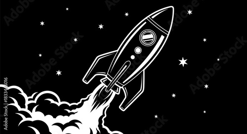 Retro Rocket Ship Launching into Space with Stars and Clouds.