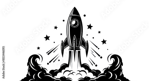 Vintage Rocket Launching into Space with Stars and Smoke.