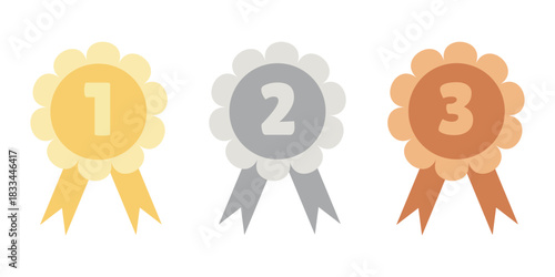 Award ribbon set, first second third. Prize ribbons illustration, medal icons. Competition badge trio, award vector