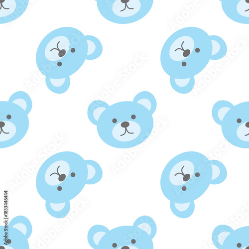 Blue bear face seamless pattern. Teddy bear background. Cute bear repeat pattern, nursery tile