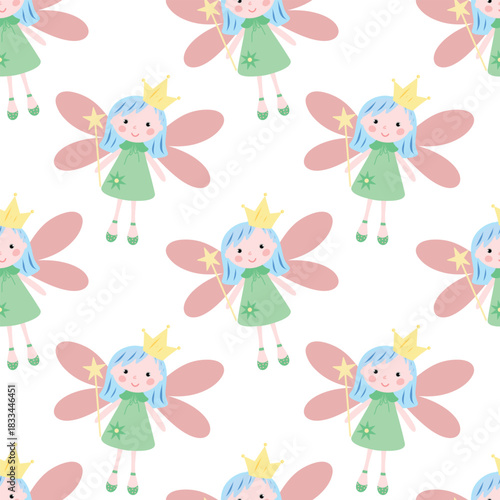 Fairy seamless pattern, child wallpaper. Fairy nursery background. Pastel fairy character pattern