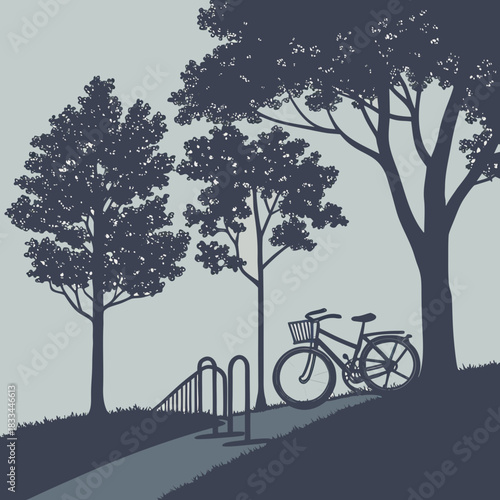 “Silhouette bike parking area beside several trees.”