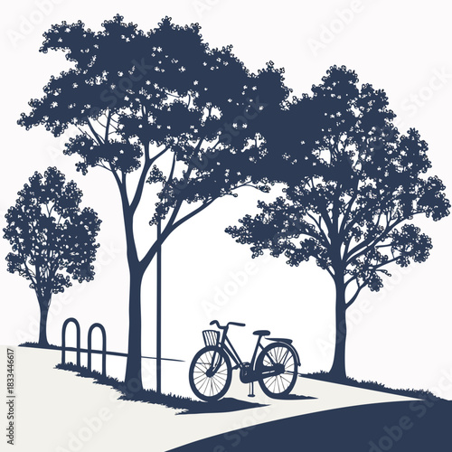 “Silhouette bike parking area beside several trees.”