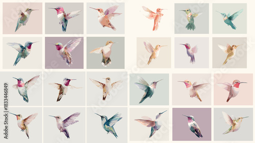 Soft pastel hummingbird illustrations showing elegant flying poses and gentle colors perfect for nature artwork decor prints and modern creative design themes.