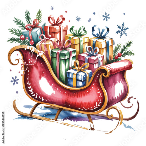 A vibrant watercolor illustration of a festive red sleigh overflowing with beautifully wrapped christmas presents and adorned with pine branches and snowflakes