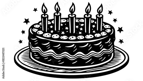 Very beautiful birthday cake with lit candles against a soft pastel background, presenting clean tones, gentle highlights, and a sweet celebratory atmosphere perfect for stock-ready design.