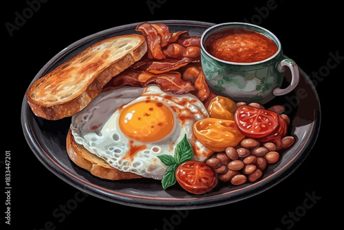 Full English Breakfast Illustration Fried Egg, Bacon, Beans, Toast and Vegetables on Black Background
