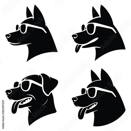 Four stylized silhouette illustrations of dog heads wearing sunglasses presented in a grid layout against a white background