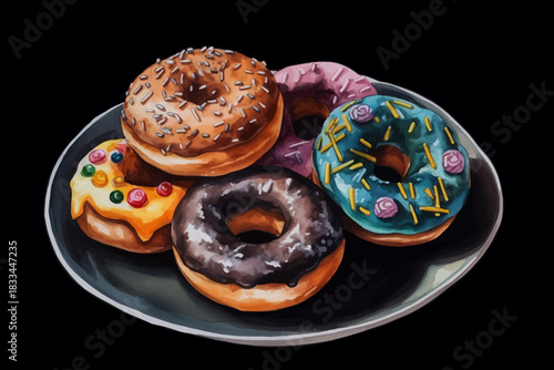 Assorted Colorful Donuts on Plate Vector Illustration on Black isolated Background