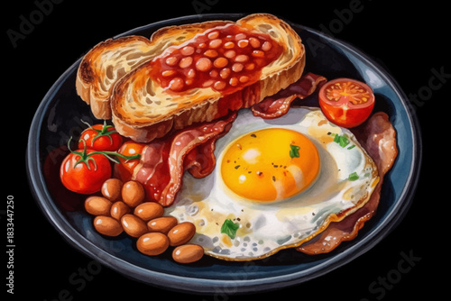 Full English Breakfast Illustration Fried Egg, Bacon, Beans, Toast and Vegetables on Black Background