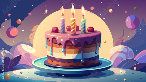 Very beautiful birthday cake with lit candles against a soft pastel background, presenting clean tones, gentle highlights, and a sweet celebratory atmosphere perfect for stock-ready design.