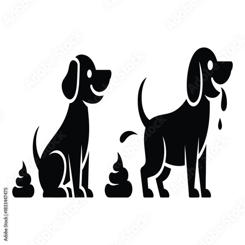 Two silhouetted dogs depicting the process of defecation and the resulting waste in a simple black and white graphic illustration