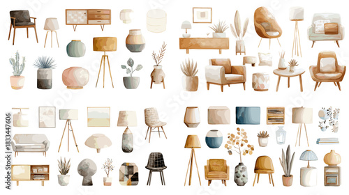Collection of modern home decor illustrations featuring furniture plants pottery lamps and neutral tones ideal for interior design branding lifestyle visuals and stylish decorative projects.
