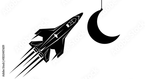 Stylized illustration of a rocket ship soaring towards a crescent moon.