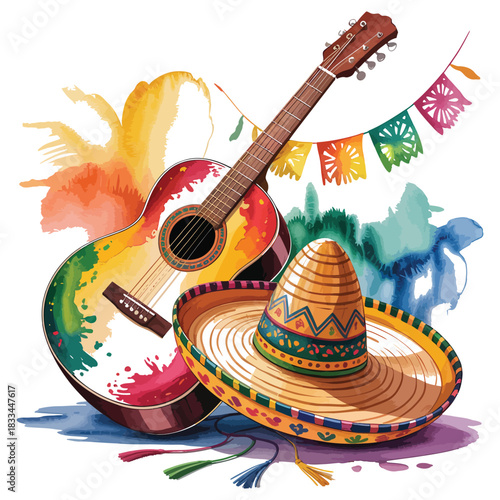 Vibrant watercolor fiesta scene featuring a guitar sombrero and colorful papel picado flags evoking mexican celebration and culture
