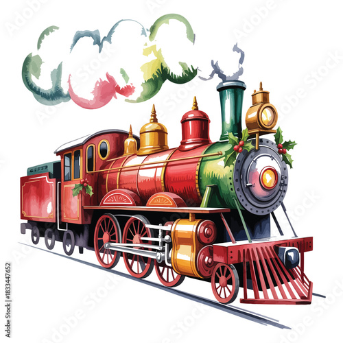 Vibrant watercolor illustration of a classic steam locomotive puffing colorful smoke on a white background