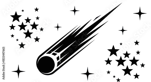 Stylized Black and White Comet with Trailing Tail and Scattered Stars.