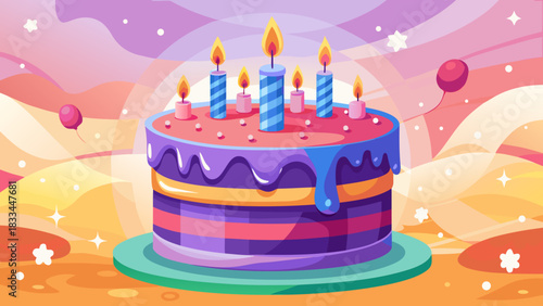 Very beautiful birthday cake with lit candles against a soft pastel background, presenting clean tones, gentle highlights, and a sweet celebratory atmosphere perfect for stock-ready design.