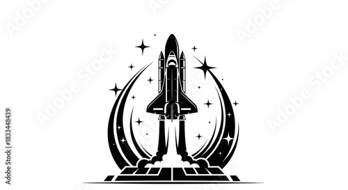 Monochrome vector illustration of a space shuttle launching into the stars.