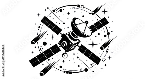 Detailed Satellite Illustration in Black and White.