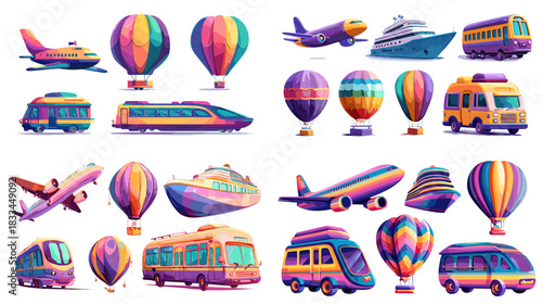 Collection of vibrant transport illustrations including planes balloons trains cars buses and boats with bold colors perfect for travel design projects and playful creative visuals.