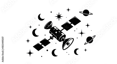 Satellite in Space with Planets and Stars.