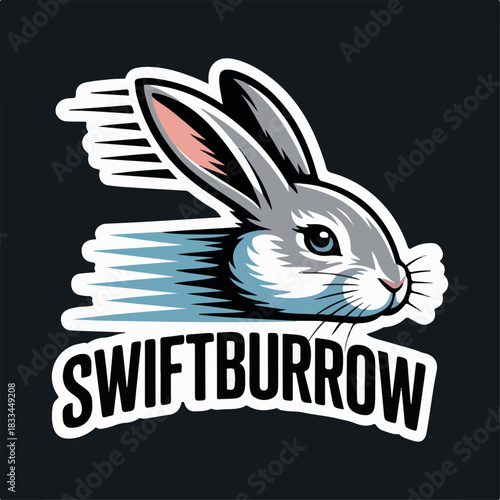 Swiftburrow rabbit mascot with motion lines, speedy hare head on dark background, dynamic sprint logo vector for teams, esports, athletics and stickers