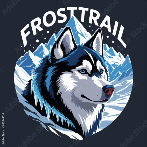 Frosttrail husky head with snowy mountains, arctic dog mascot emblem in circular badge, cold adventure logo vector for outdoor gear, teams and branding