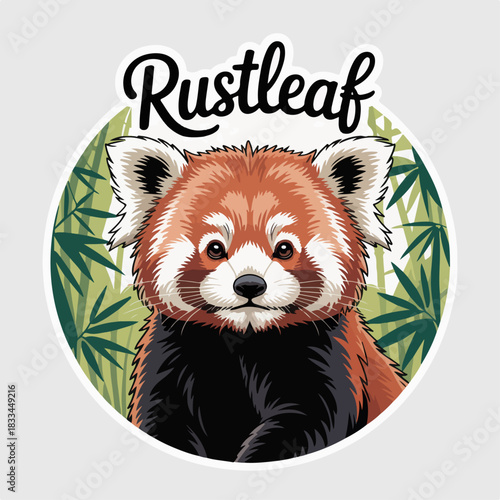 Rustleaf red panda mascot in bamboo circle with green leaves, cute wildlife emblem, modern vector logo for conservation, zoo branding, stickers and apparel