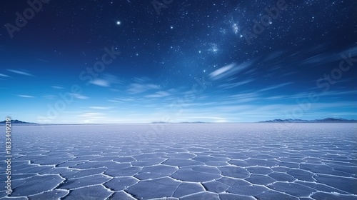 Vast Salty Expanse Under a Star-Studded Midnight Sky with Dramatic Clouds