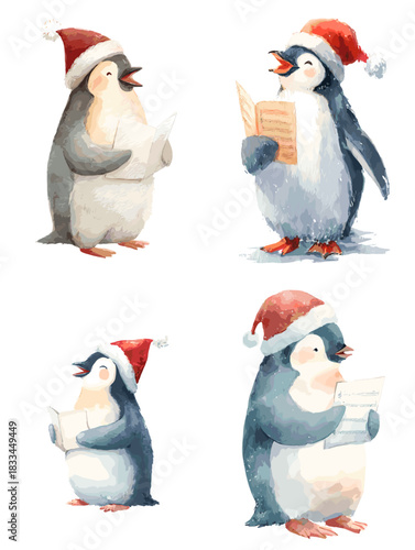 Watercolor penguins wearing Christmas hats singing carols with cute winter details perfect for holiday cards festive design and charming seasonal illustrations.