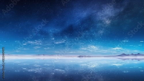 Vast Salty Plains Reflecting a Starry Night Sky with Wispy Clouds and Distant Mountains