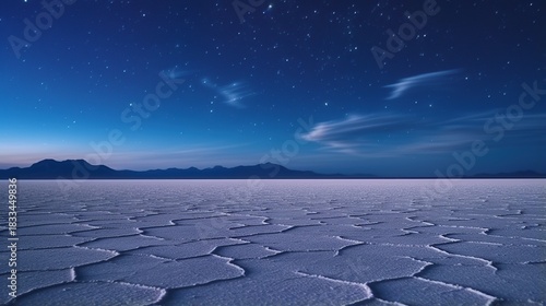 Vast Salty Plains Under a Starry Night Sky with Distant Mountains