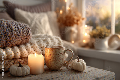 warm cozy window arrangement, winter or autumn concept, coffe, candles throw light,generative ai