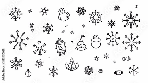 Hand-drawn doodle animation with alpha channel on transparent background featuring snowflakes, winter symbols, cute holiday shapes and seasonal elements.