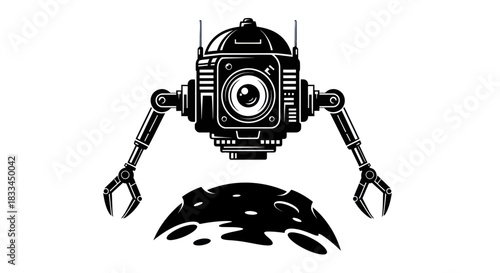 Retro Robot Explorer with Mechanical Arms and Camera Eye.